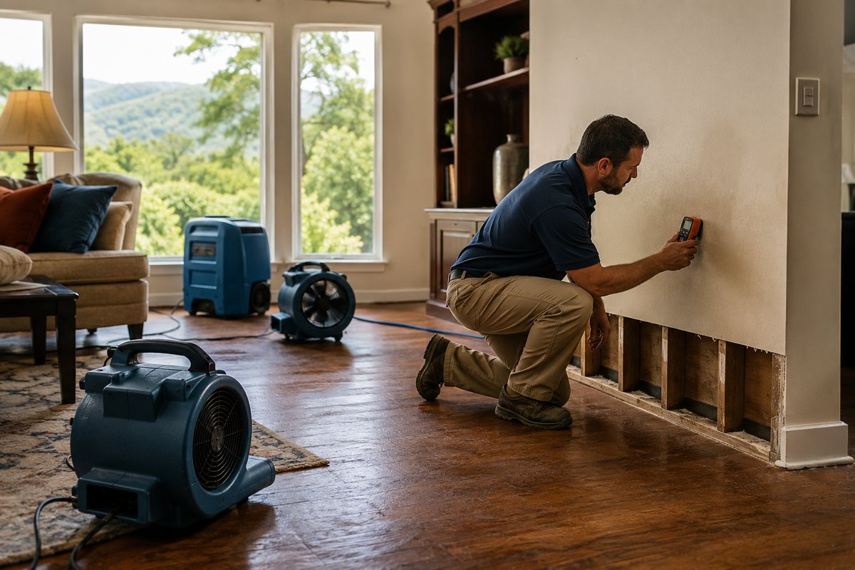 A moisture reading being taken against a wall with its lower cavities opened, an air mover running on the floor beside it
