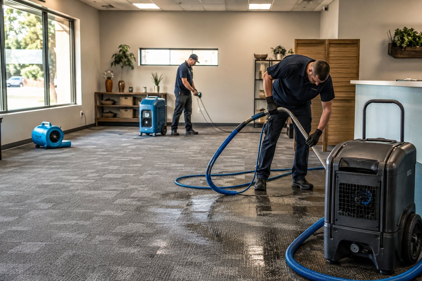 Water extraction equipment operating on wet carpet in a large open commercial room, with a dehumidifier running