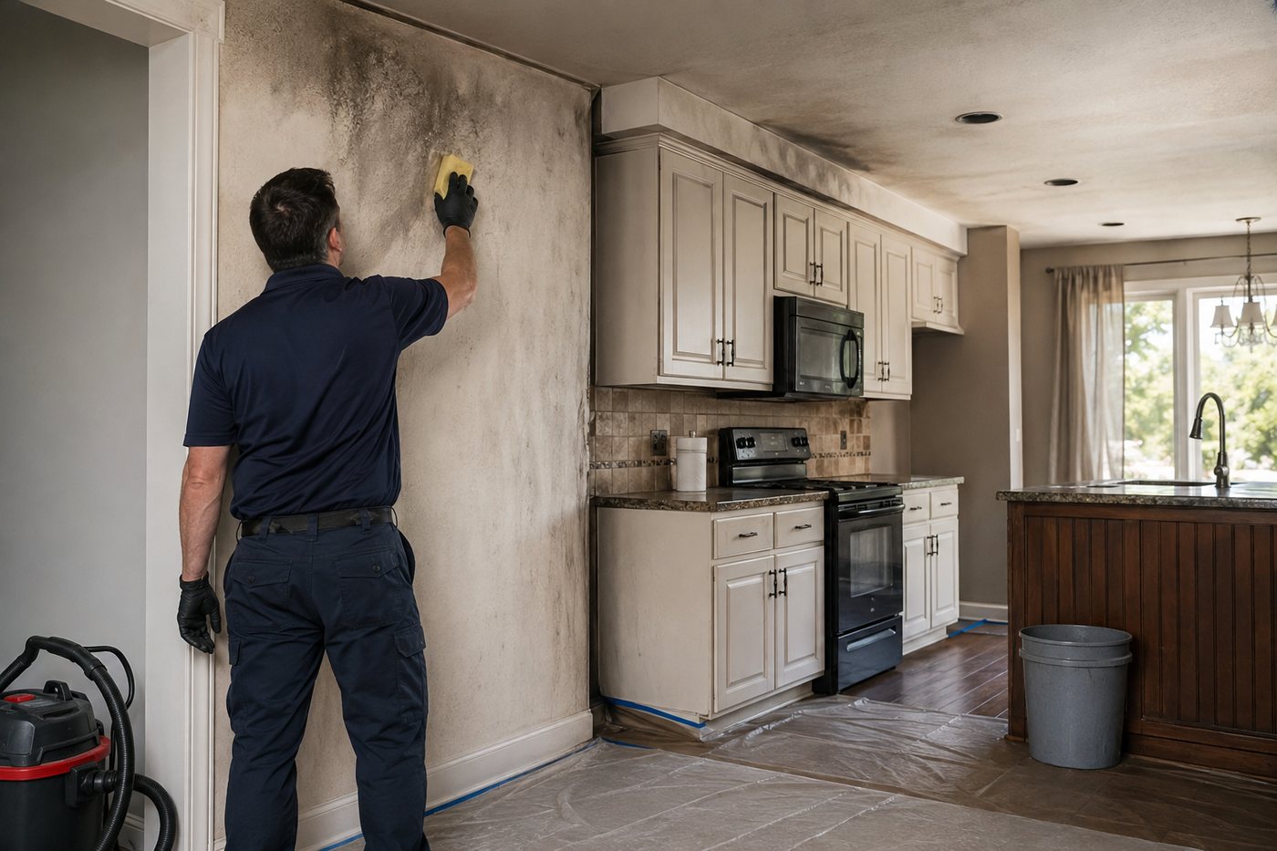 Soot being cleaned from a kitchen wall above the cabinets, with a bucket and extraction hose on the floor