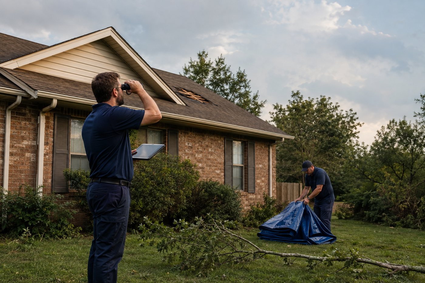 Two technicians on the ground beside a storm-damaged house, one using binoculars to inspect the roof and one handling a folded tarp
